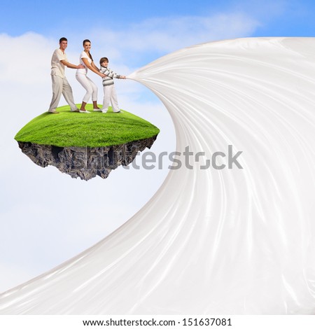 Mother, Father, and son pulling blank banner. Place for text