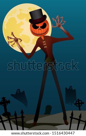 Jack o lantern Halloween ghost on graveyard background