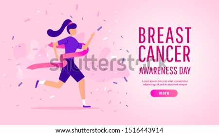 Breast cancer awareness illustration concept of running sport or charity run with young girl running