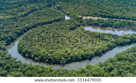 Aerial view of a meandering Amazon tributary river, Amazonian rainforest, San Jose do Rio Claro, Mato Grosso