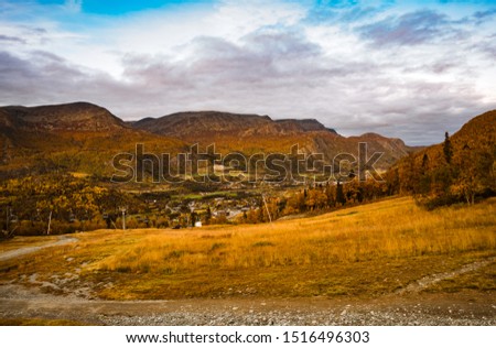 View of the mountain peaks in Hemsedal from the ski center in the Buskerud region of Norway in late summer, early autumn