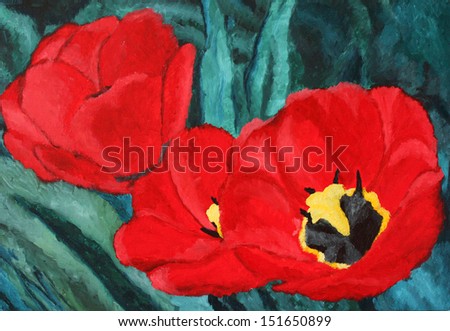 beautiful red tulips, oil painting Royalty-Free Stock Photo #151650899