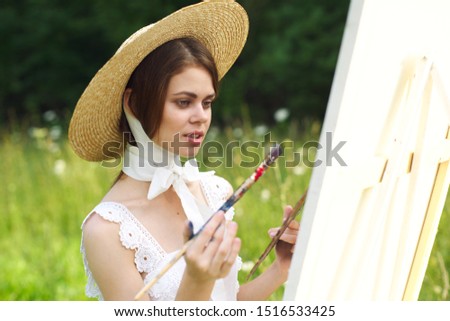woman model easel beautiful with white canvas