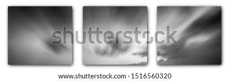 Triptych photography of long exposure clouds showing motion