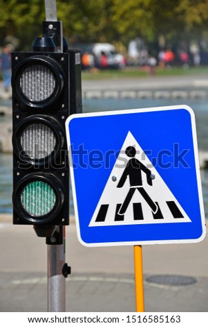 Pedestrian crossing traffic sign and lights