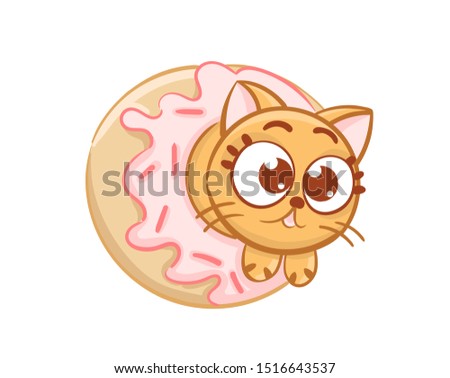 Cute cat stuck in donuts with pink frosting cartoon style. Cat Flat vector illustration. Kawaii card sketch for t shirt design, School books, Greeting cards, posters