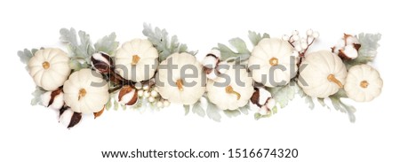 Autumn border of white pumpkins and silver leaves. Top view banner isolated on a white background.