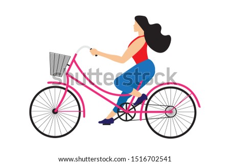 Beautiful woman riding bicycle with modern design concept for banner,web landing page, wallpaper, background, book illustration and healthy lifestyle. Trendy flat vector illustration