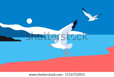 Sea landscape with gulls. Sea coast, noon, sky, sun, flaying seagulls. Vector illustration Royalty-Free Stock Photo #1516722851
