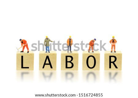 Many workers standing and posing in posture on wooden blocks isolated on white background.