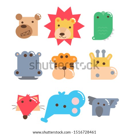 Set of cartoon animals head, lion, tiger, giraffe, hippo, fox, koala, crocodile, elephant, dog vector illustration.