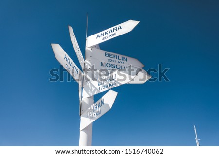 White destination signs to several famous cities against a clear blue sky, photo taken in Australia