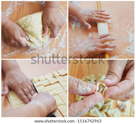 Stages of making Turkish food ravioli with 4 pictures.