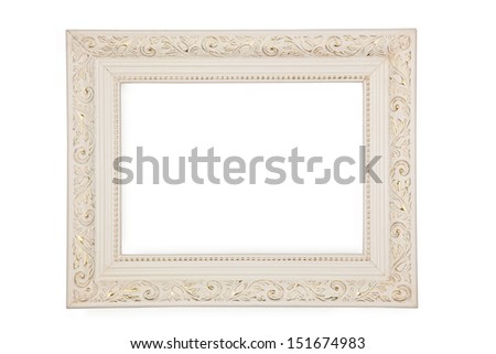 White antique frame with gold pattern, isolated on white background 