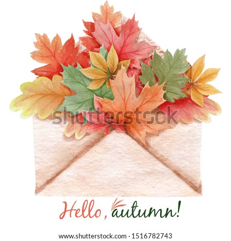 Watercolor illustration of autumn colorful leaves in a paper envelope.