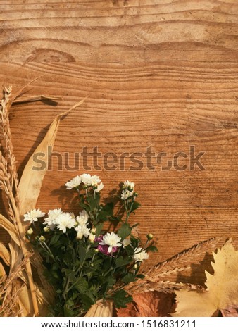 Autumn background with copy space on wooden table. Golden leaves and white flowers.