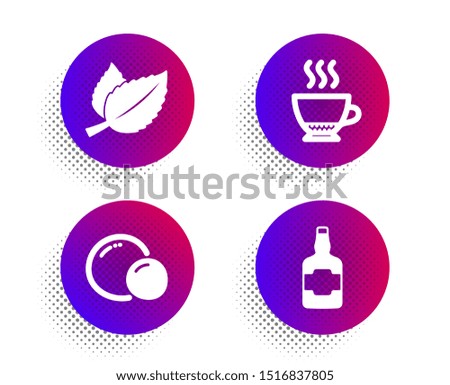 Mint leaves, Peas and Espresso icons simple set. Halftone dots button. Whiskey bottle sign. Mentha herbal, Vegetarian seed, Hot drink. Scotch alcohol. Food and drink set. Vector
