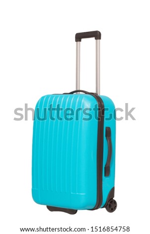 Blue travel suitcase isolated on white background. Luggage plastic bag with wheels.