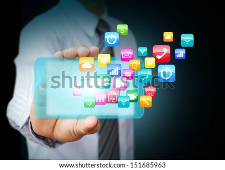 Smart phone with cloud of colorful application icons