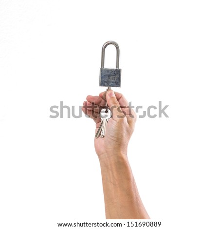 Man hand with key lock isolated on white background