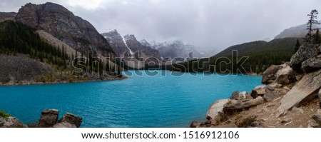 The majestic and world famous Moraine Lake in Banff National Park in the rocky mountains
