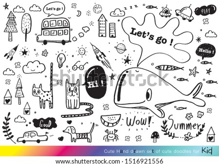 Vector illustration of Doodle cute for kid, Hand drawn set of cute doodles for decoration,Hand drawn set of speech bubbles with dialog words, Doodle set of objects from a child's life