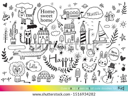 Vector illustration of Doodle cute for kid, Hand drawn set of cute doodles for decoration,Hand drawn set of speech bubbles with dialog words, Doodle set of objects from a child's life