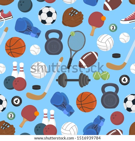 Sport. Seamless background. Set of sports balls and game items for sports. Healthy lifestyle. Vector illustration