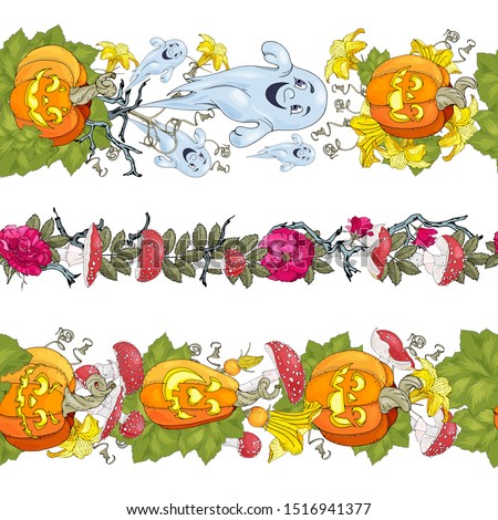 Endless pattern brushes made of fly agarics, roses, Ghosts, pumpkin.. For design, decoration, greeting cards, posters, invitations, advertisement. Objects on white.