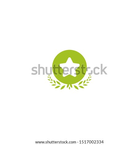 Valid Seal icon. Green circle with leaves laurel and star. Isolated on white. ecology medal, eco friendly sticker icon.  Organic, nature care. Checked stamp. Vector flat illustration.