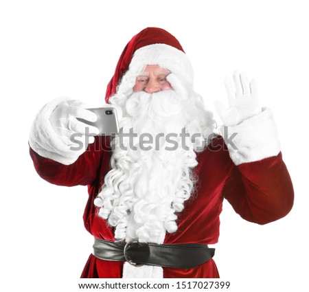 Authentic Santa Claus taking selfie on white background