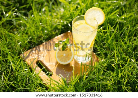 cold drink, lemonade in a glass on green grass