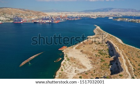 Aerial drone photo of industrial area in island of Salamina near Kinosoura Peninsula, Saronic Gulf, Attica, Greece