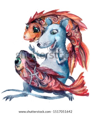rat horoscope of fish watercolour