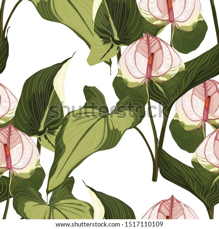 Summer colorful hawaiian seamless pattern with tropical plants and Spathiphyllum flowers on white background.