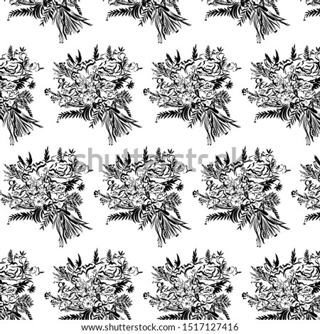 graphic bouquet of flowers drawn in graphic style. black and white nature elements. 