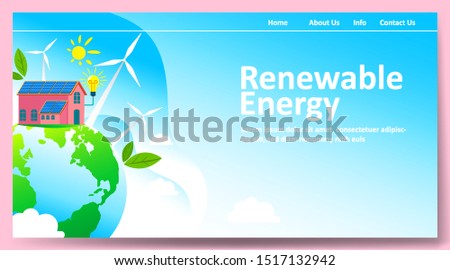 Green renewable energy with people or family parent kid. Boy girl are happy life on earth globe with clean energy from solar panels and wind generators, walking, playing, cycling in city. - Vector