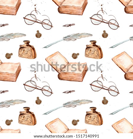 manuscript watercolor seamless pattern with ancient book, glasses, pen, inkwell