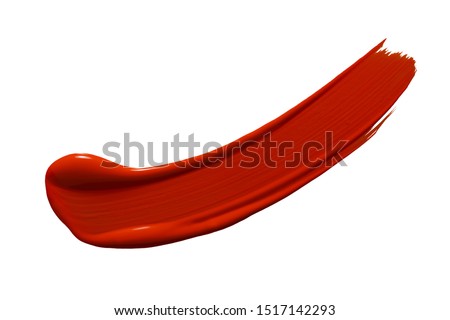 Lipstick smear smudge swatch isolated on white background. Liquid makeup texture. Red color cosmetic product brush stroke sample