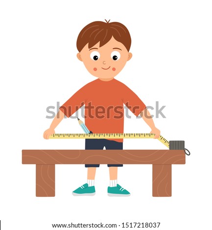 Vector working boy. Flat funny kid character doing measurements with tape-measure on work bench. Craft lesson illustration. Concept of a child learning how to work with tools. Picture for workshop