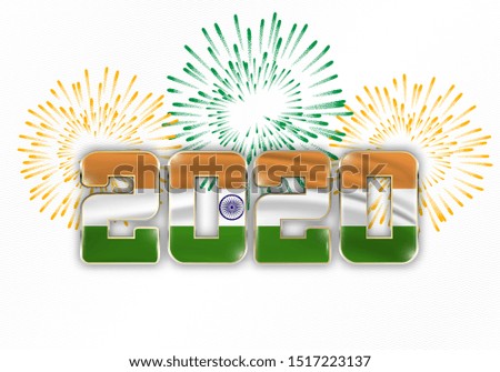 Happy New Year and Merry Christmas. 2020 New Year background with national flag of India and fireworks. Vector illustration.
