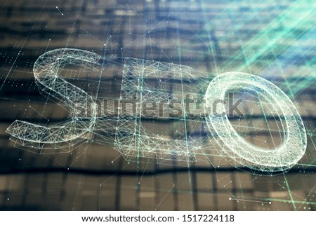 SEO hologram with abstract background. Multi exposure. Concept of Search