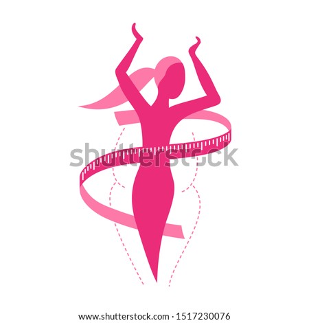 Weight loss challenge diet program logo (isolated icon) - abstract woman silhouette (fat and shapely figure) with measuring tape around  Royalty-Free Stock Photo #1517230076