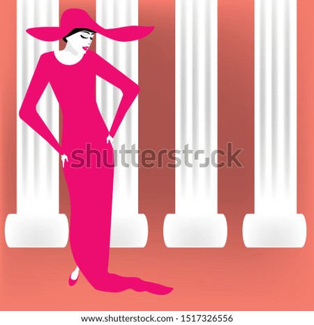 A beautiful lady stands before architectural columns in a minimalist fashion and beauty illustration.