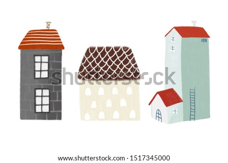 Set of 3 textured architecture, nordic houses, hand drown isolated on a white background. Hand drown  houses for holiday cards, decorations, templates. Part of a big collection. 