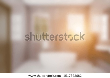 Unfocused, Blur phototography. Bathroom with large windows and decorative purple tiles. Golden plumbing.. Sunset. 3D rendering