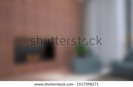 Unfocused, Blur phototography. The living room is made of red brick walls. Upholstered furniture on the background of a large fireplace. Panoramic windows overlooking the mountains.. 3D rendering