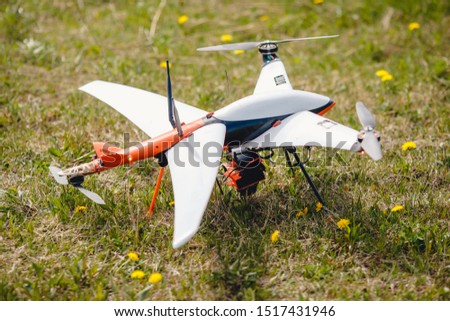 Launch RC hybrid aircraft model of electricity gasoline for mapping agriculture and people search.