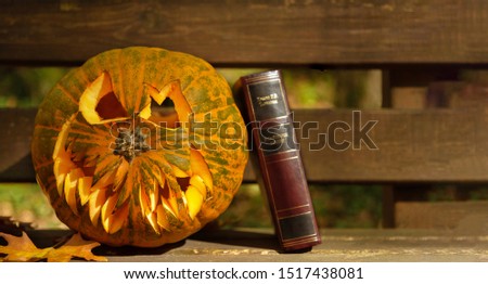 Creepy jack o lantern on wooden bench outdoors with scary book aside. Halloween horror reading concept, copy space.