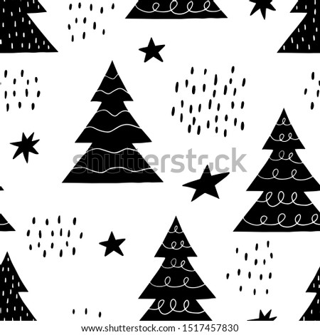 Winter seamless hand drawn pattern with Christmas trees and stars. Scandinavian design style. Vector illustration